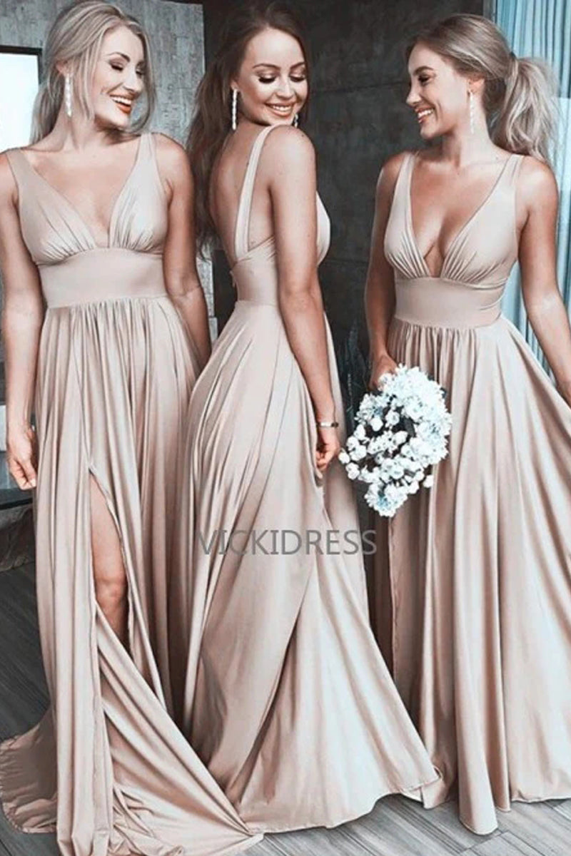 Elegant Off Shoulder Satin Champagne Long Prom Dresses with Slit, Champagne  Formal Dresses, Evening Dresses