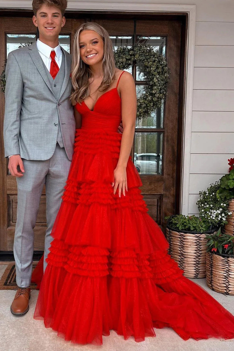 V Neck Red Tulle Layered Long Prom Dresses, Long Red Formal Graduation  Evening Dresses, Red Ball Gown SP2785