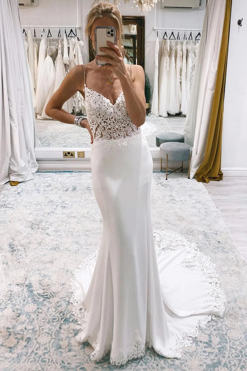 Stunning Mermaid V Neck White Satin Lace Wedding Dresses with Train  VK23082706