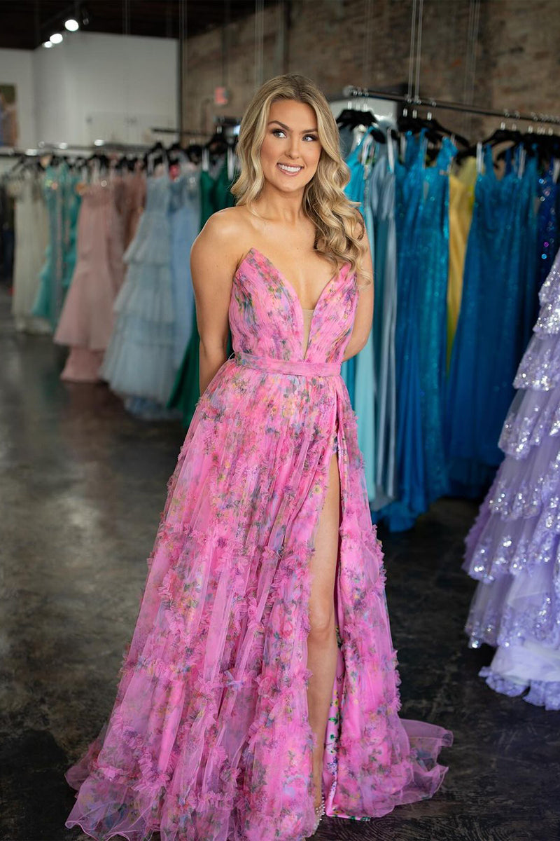 Pink Floral Print Strapless Prom Dresses