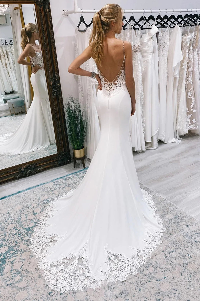 Mermaid Deep V Neck White Lace Wedding Dress with Sweep Train VK23090101 –  Vickidress