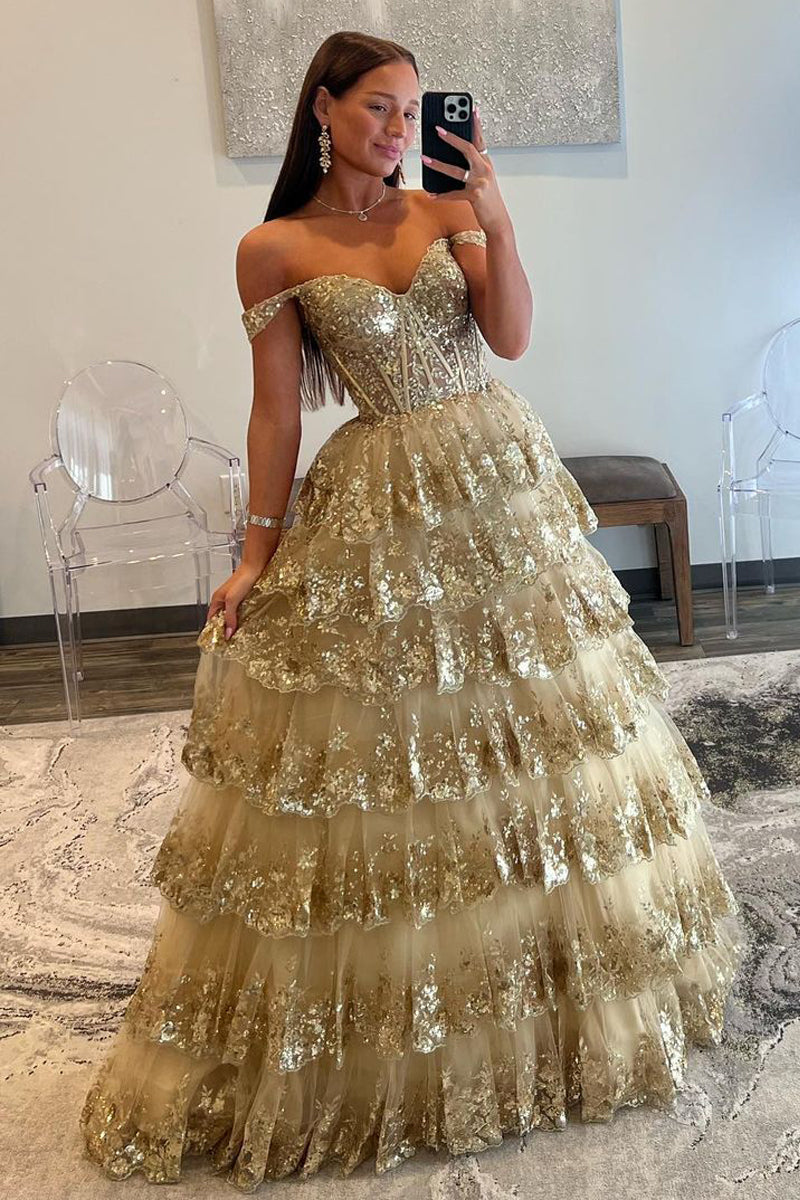 Sparkly Gold Lace Ball Gowns Off The Shoulder Prom Dresses 66709 viniodress Custom Colors / US16