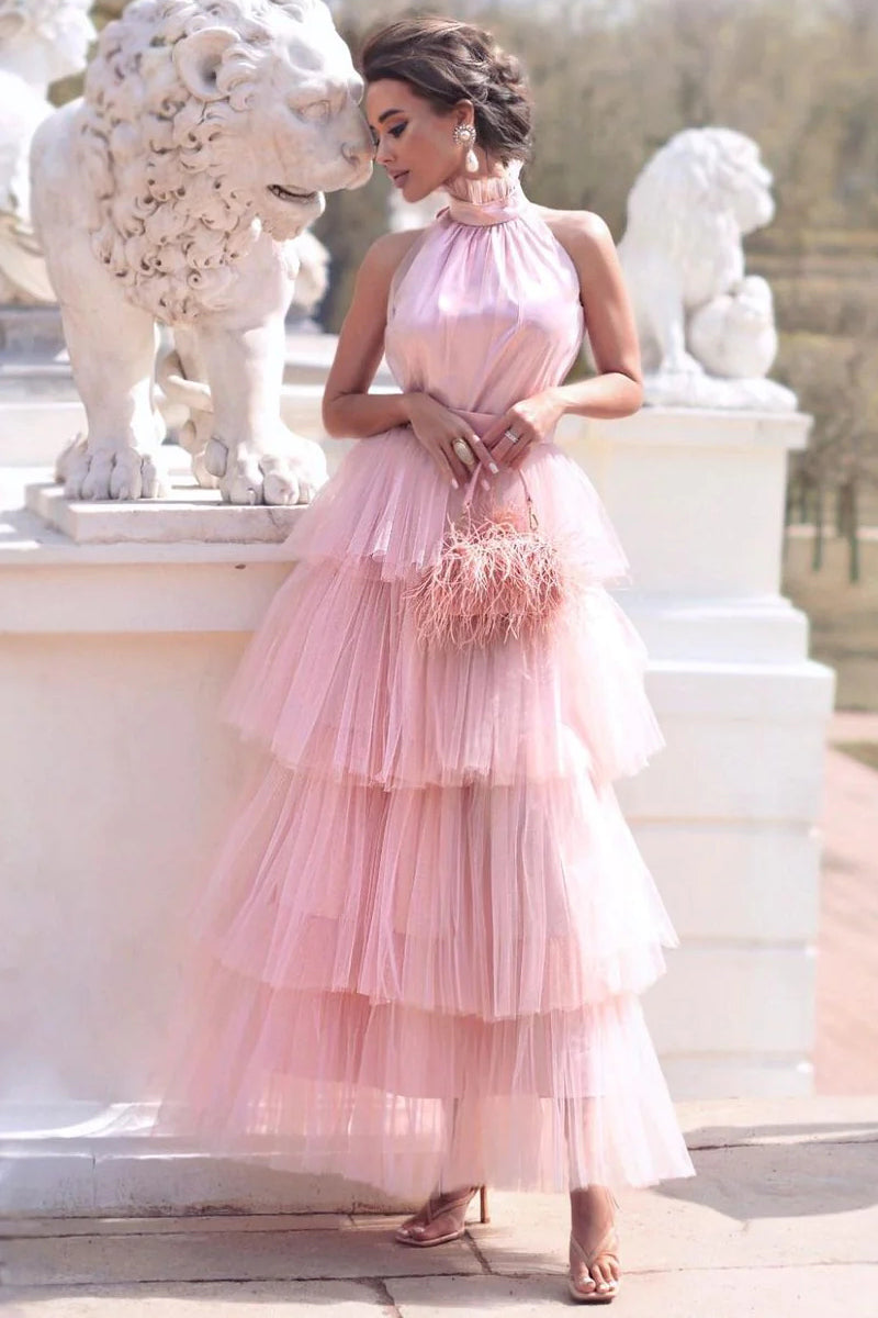 Pink High Neck Prom Dress