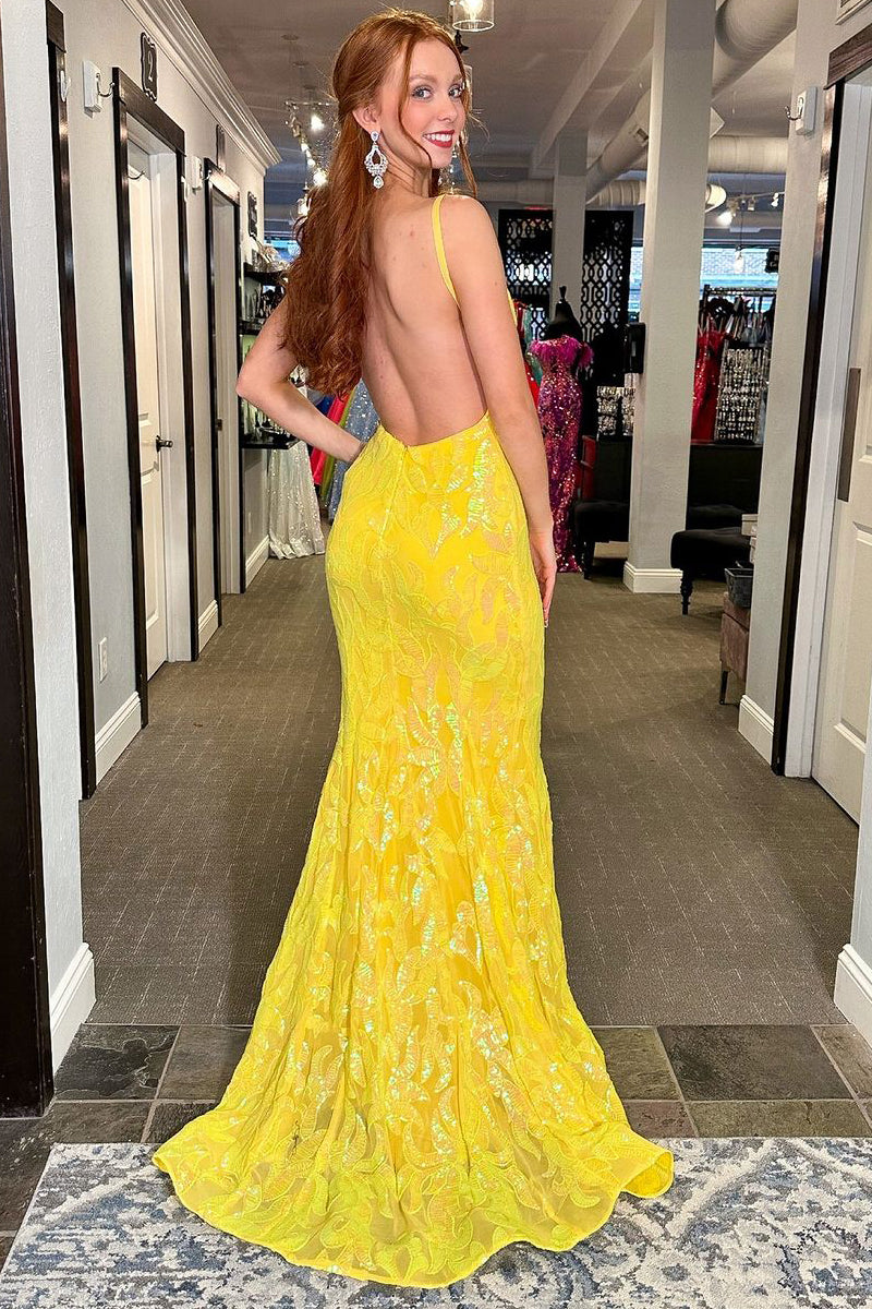 V Neck Two Pieces Backless Beaded Yellow Lace Long Prom Dresses, 2 Pie –  Shiny Party