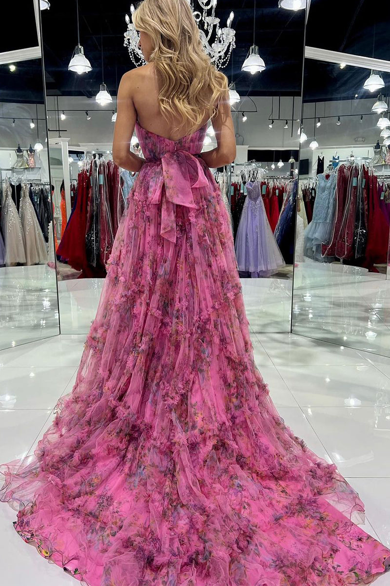 A-Line Strapless Floral Printed Chiffon Long Spring Prom Dresses VK23111804  – Vickidress