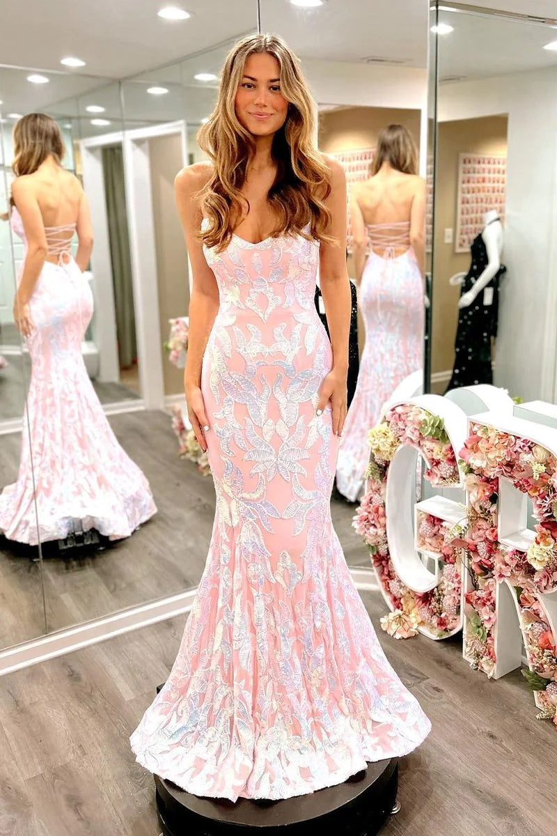 Cute Mermaid Scoop Neck Blush Pink Satin Prom Dresses with Sequins