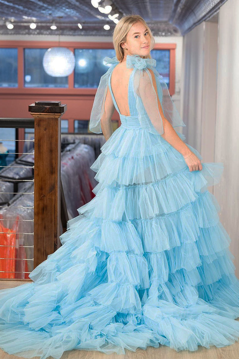 Fairy Ball Gown V Neck Blue Tulle Prom Dresses with Slit VK23011403 –  Vickidress