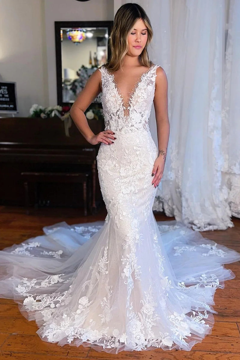 V neck lace hot sale mermaid wedding dress