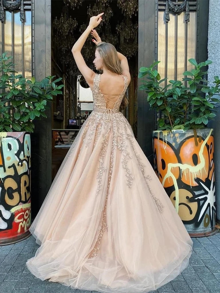 Elegant Bateau A line Prom Dresses Tulle Appliqued Evening Gowns Champagne Prom Dresses VK0119016