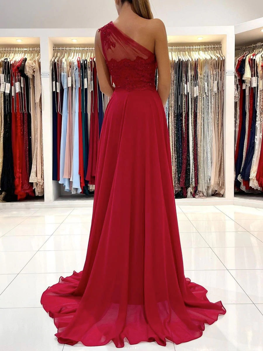 Red One Shoulder Chiffon Dress