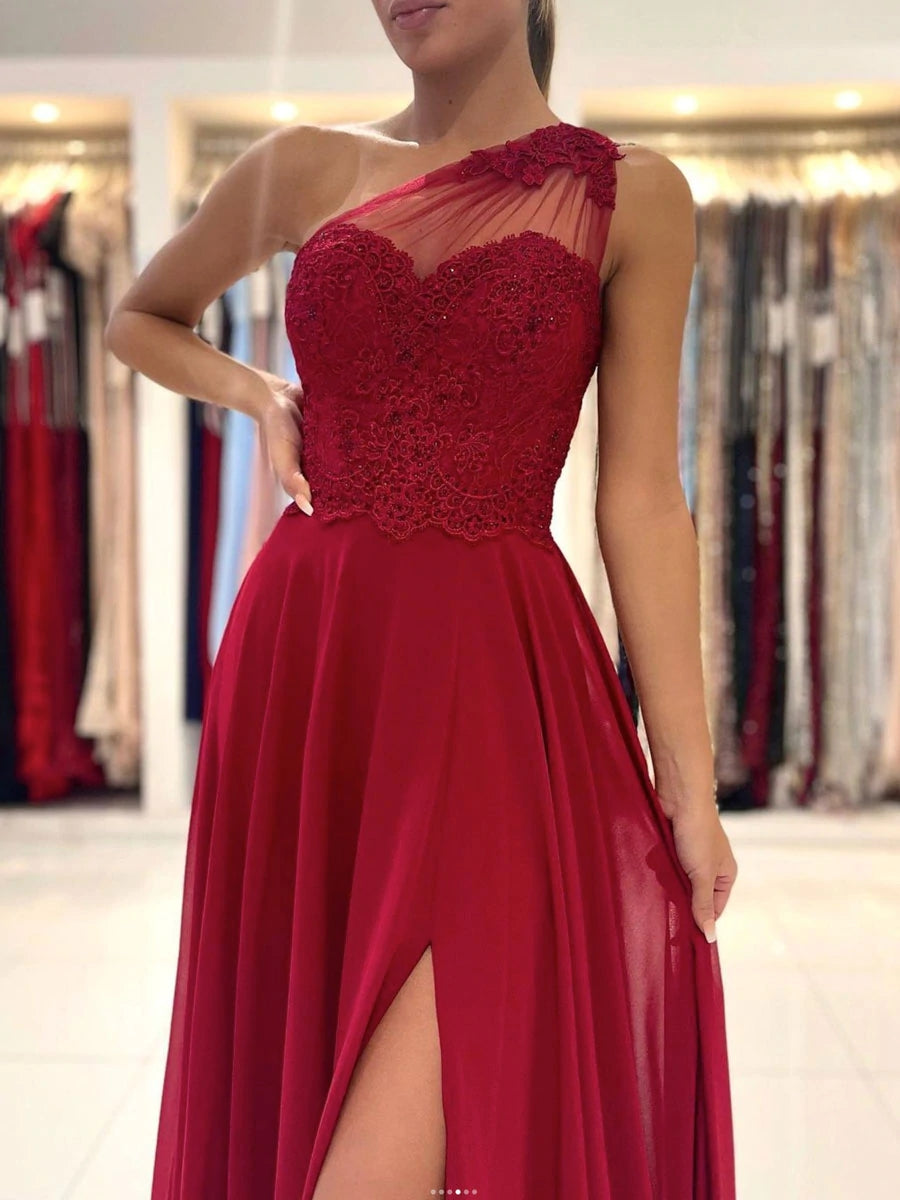 Red Lace One Shoulder Prom Dress