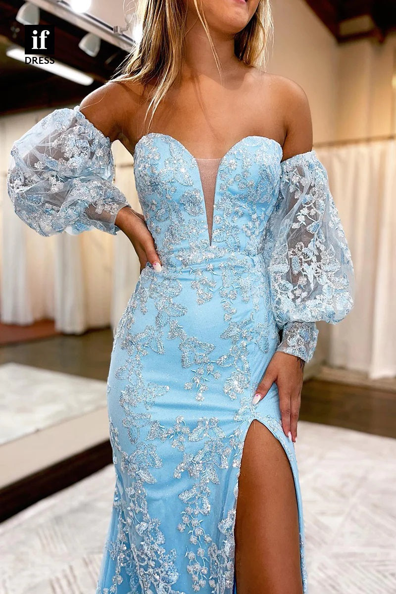 Cute Mermaid Sweetheart Light Blue Lace Long Prom Dresses VK112803 –  Vickidress