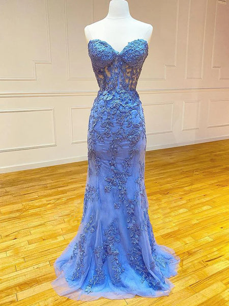 Cute Mermaid Sweetheart Light Blue Lace Long Prom Dresses VK23022503