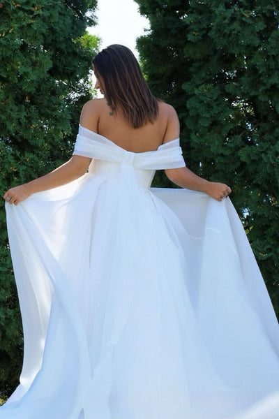 Boho A Line Off the Shoulder Organza Satin Slit Wedding Dresses