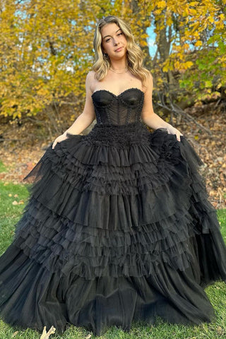 Princess Ball Gown Strapless Black Tiered Tulle Long Prom Dresses VK23120201