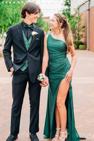 Elegant Mermaid One Shoulder Green Satin Slit Prom Dress VK25010307