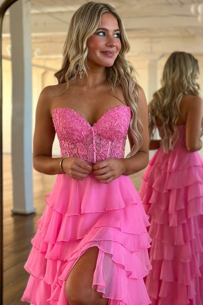 Cute A Line Sweetheart Tiered Chiffon Long Prom Dress with Slit VK25013107