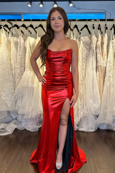 Fashion Mermaid Strapless Red Sparky Satin Slit Prom Dresses VK13120902