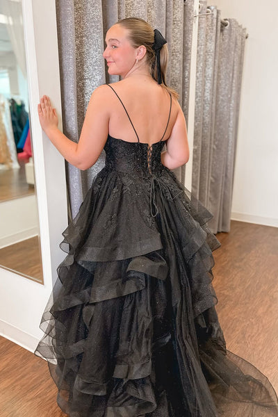 Cute A Line V Neck Black Gliiter Tulle Prom Dress with Appliques VK1361901