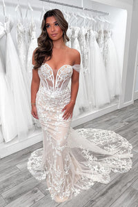 Elegant Mermaid Off the Shoulder Lace Wedding Dresses with Appliques VK24120411