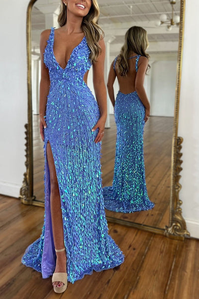 Gorgeous Mermaid V Neck Champagne Sequins Long Prom Dresses with Slit VK24101712