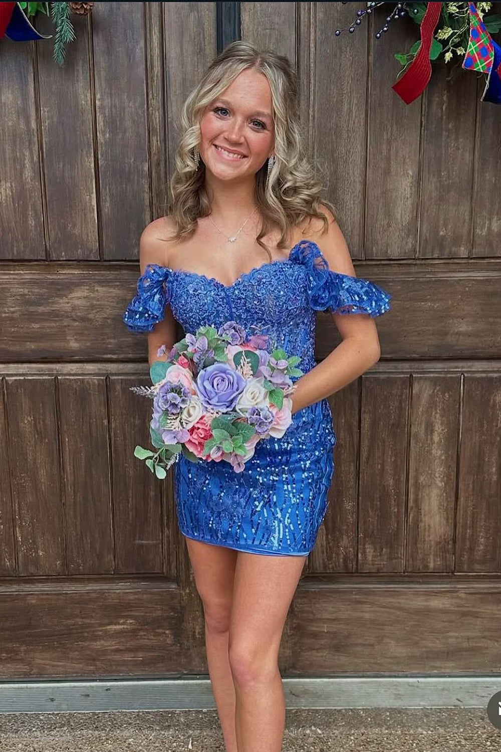 Cute Bodycon Off the Shoulder Dark Blue Sequins Homecoming Dresses VK1361710