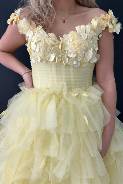 Cute A Line Off the Shoulder Tiered Tulle Long Prom Dresses with Appliques VK24101908