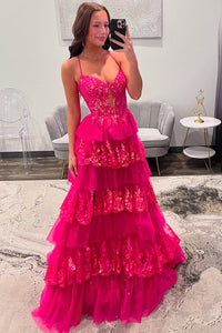 Cute A Line V Neck Hot Pink Tulle Prom Dress with Sparkly Appliques VK25012006