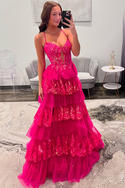 Cute A Line V Neck Hot Pink Tulle Prom Dress with Sparkly Appliques VK25012006