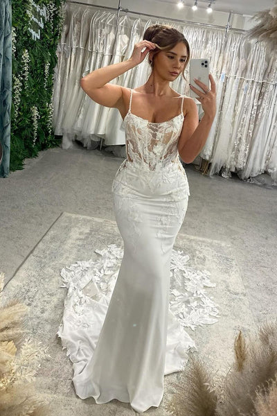 Elegant Mermaid V Neck Elastic Satin Long Wedding Dresses with Appliques VK24101505