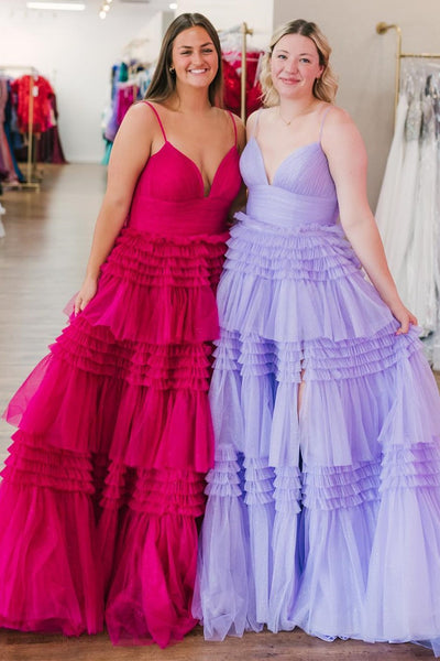 Cute A Line V Neck Tiered Tulle Prom Dresses with Slit VK24102310