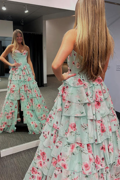 Cute A Line Strapless Sweetheart Floral Chiffon Tiered Long Prom Dress VK25030105