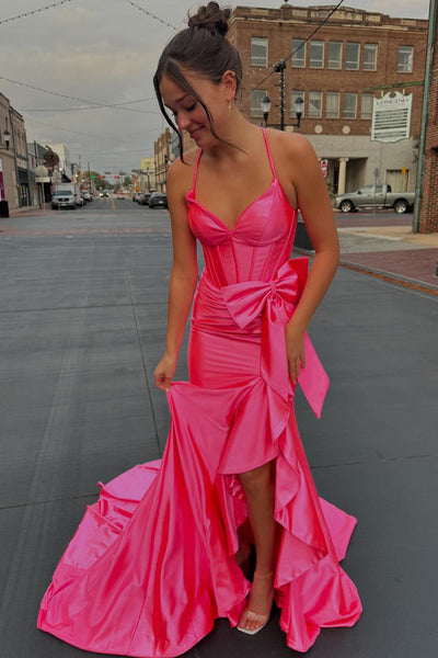 Cute Mermaid V Neck Hot Pink Satin Slit Prom Dresses with Bow