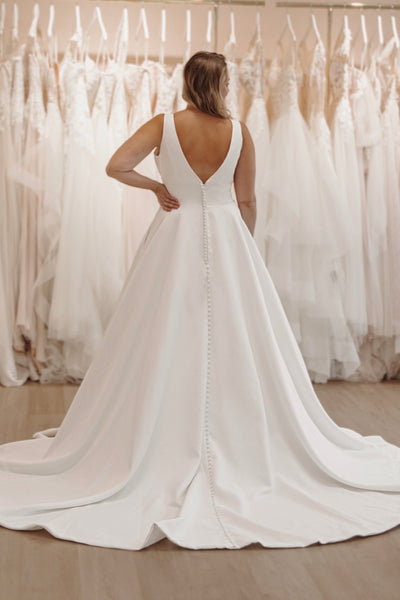 Cute A Line V Neck Satin Long Wedding Dresses with Botton VK24121802