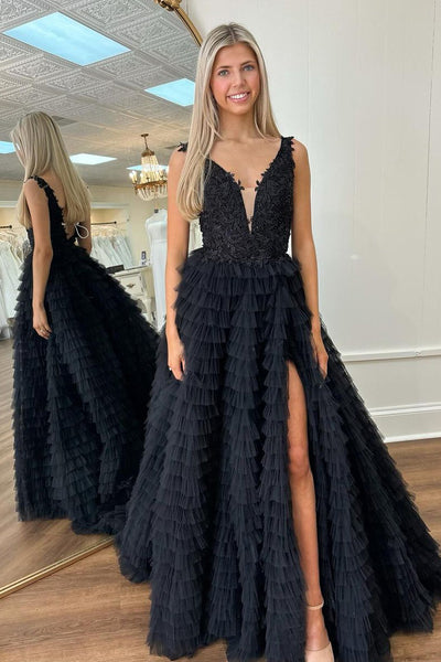 Black V Neck Ruffle Tiered Tulle A-Line Long Prom Dresses with Slit VK24040501