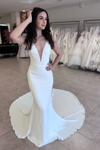 Chic Mermaid Deep V Neck Elastic Satin Long Wedding Dresses