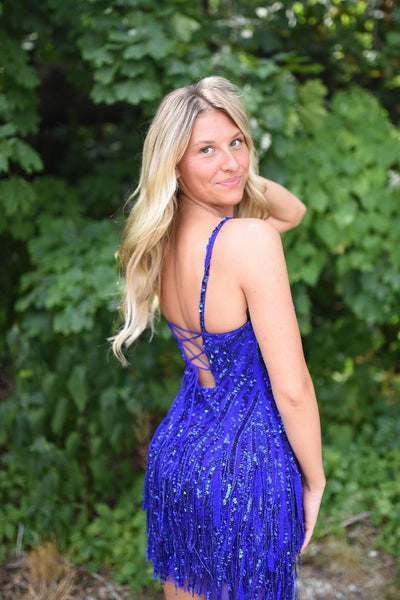 Royal Blue Sequins Scoop Neck Tight Short Homecoming Dresses VK24081109