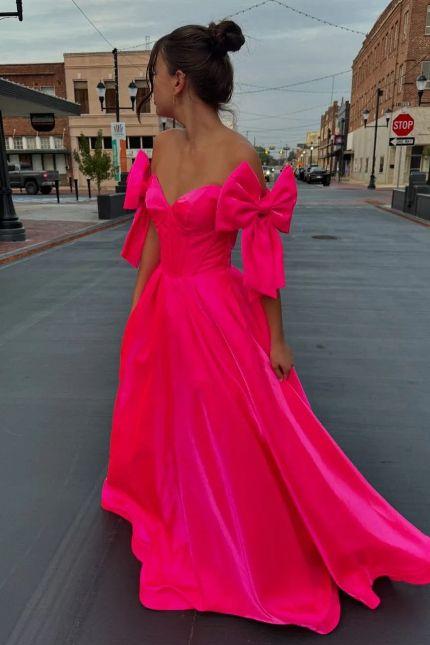 Fairy Ball Gown Off the Shoulder Pink Satin Prom Dress with Bow VK24122411