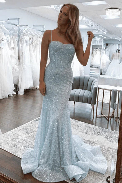 Gorgeous Cute Mermaid Sweetheart Sky Blue Sequins Prom Dresses