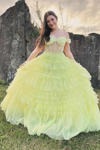 Yellow Off the Shoulder Tiered Tulle Long Prom Dresses VK23122901