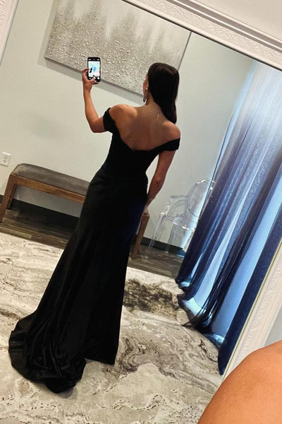 Mermaid Off the Shoulder Black Satin Long Prom Dresses with Slit  VK24021102