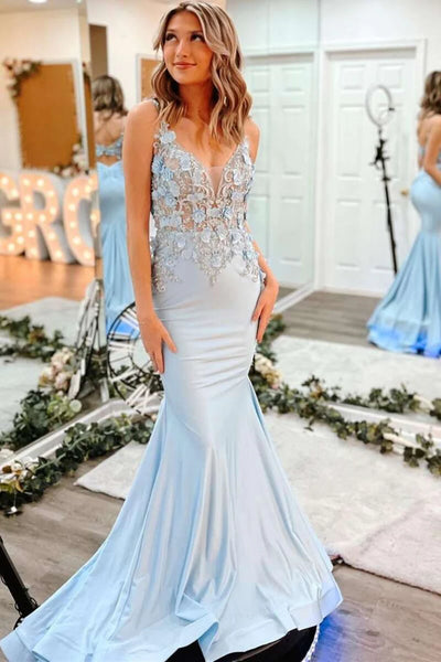 Fairy Mermaid V Neck Light Blue Long Prom Dresses with Appliques VK24101705