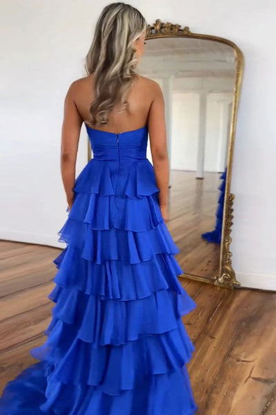 Cute A Line Sweetheart Royal Blue Chiffon Tiered Long Prom Dress with Slit VK25012503