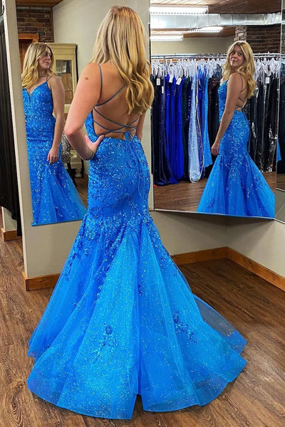 Chamring Mermaid V Neck Sequins Lace Long Prom Dresses VK24101707