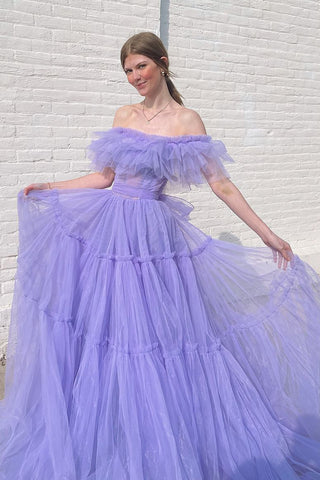 Lilac Off the Shoulder Ruffle Tulle A-Line Long Prom Dresses VK24040305