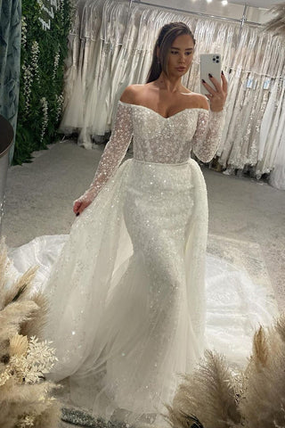 Gorgeous Mermaid Off the Shoulder Sequins Lace Wedding Dresses with Sleeves