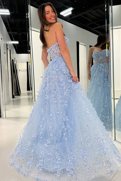 A-Line Strapless Light Blue Sequins Long Prom Dresses with 3D Flower Appliques VK022406