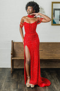 Mermaid Off the Shoulder Red Sequins Long Prom Dresses with Slit VK25040105
