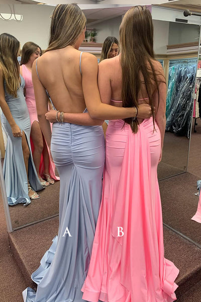 Cute Mermaid V Neck Elastic Satin Slit Prom Dresses with Backless VK13120909