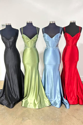 Sparkly Mermaid V Neck Light Blue Stretch Satin Hot Stone Beading Prom Dresses VK24111501